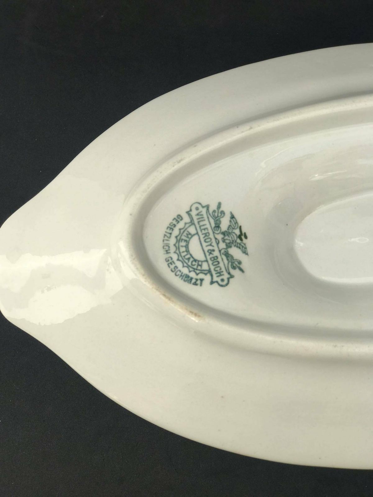photo for sale Antique Gravy Boat Sauce Bowl With Under Plate Villeroy And Boch Mettlach Green Golden Rim XIX Century Plates German Porcelain
