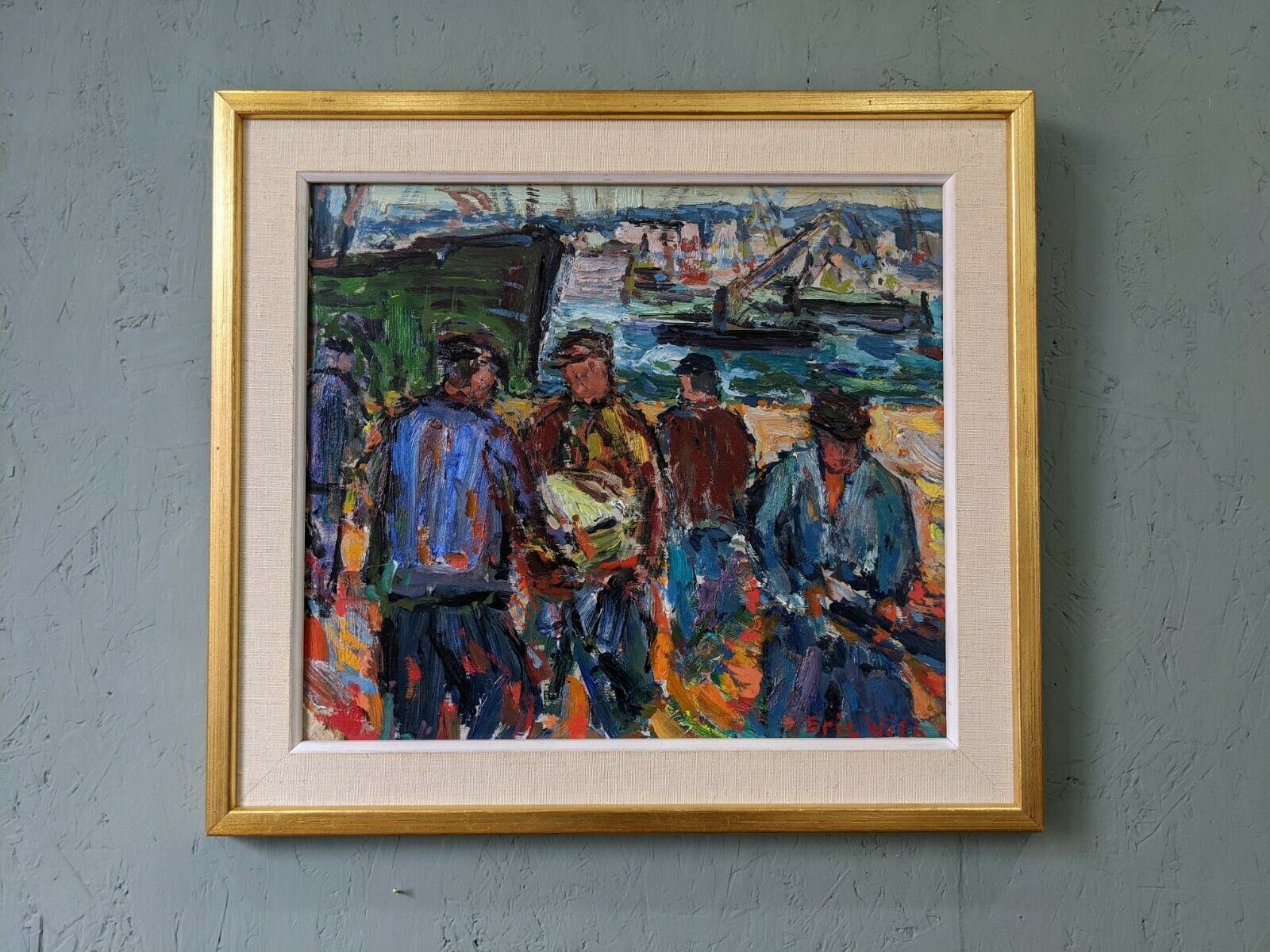 Vintage Mid Century Painting   Coastal Dock, Oil On Board