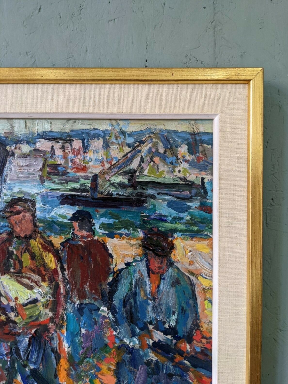 Vintage Mid Century Painting   Coastal Dock, Oil On Board photo for sale