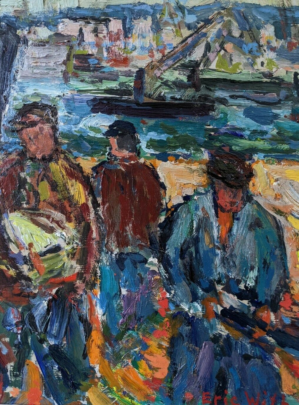 Vintage Mid Century Painting   Coastal Dock, Oil On Board photo vintage