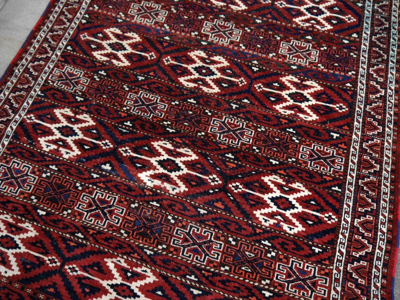 3241.0 Yomud Tribeal Turkmen Turkoman Antique Rug With Ram Motive Hand Knotted Carpet photo