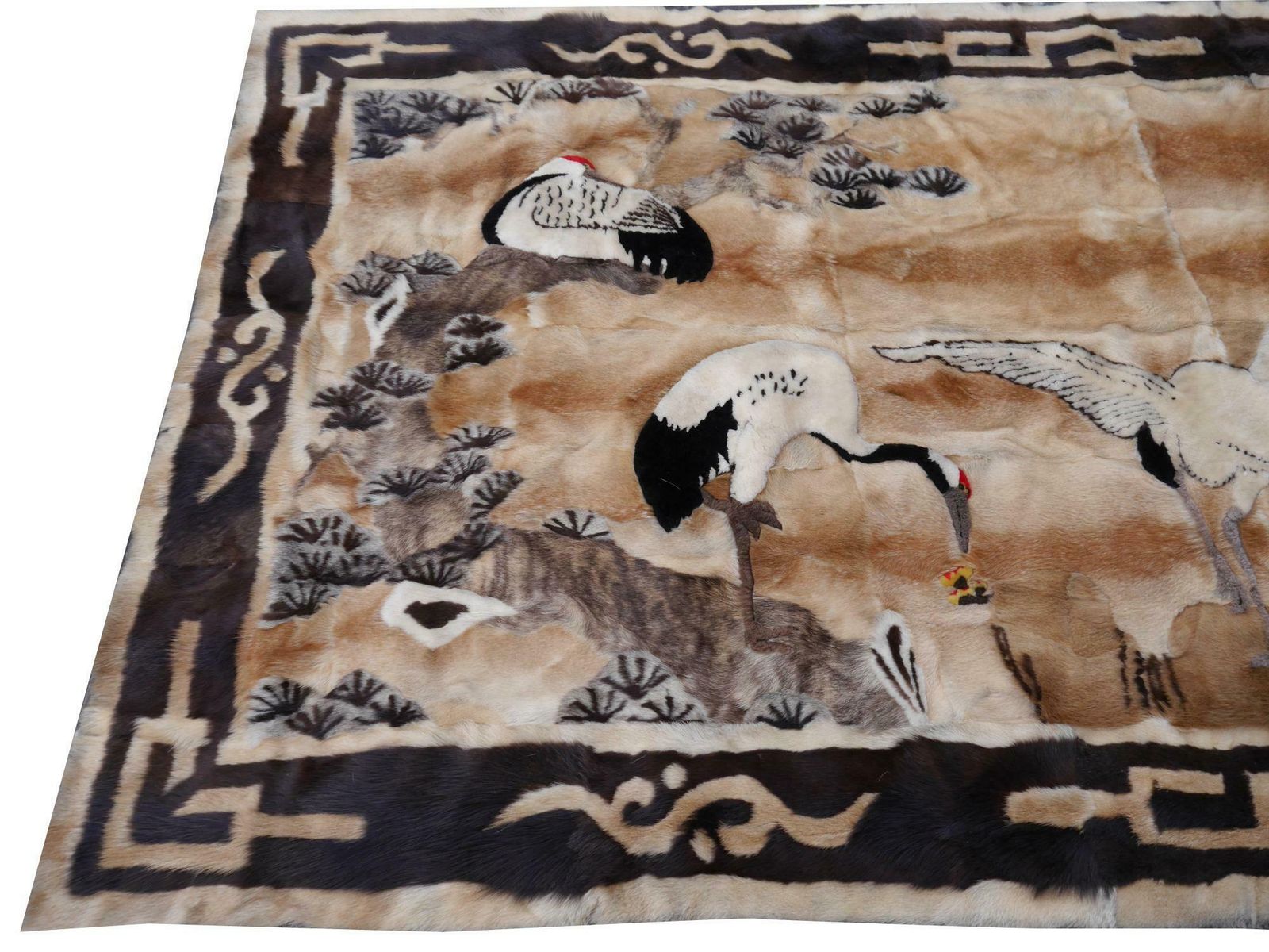 Vintage Chinese Fur Lether Rug With Landscape And Crane Wall Decoration photo furniture