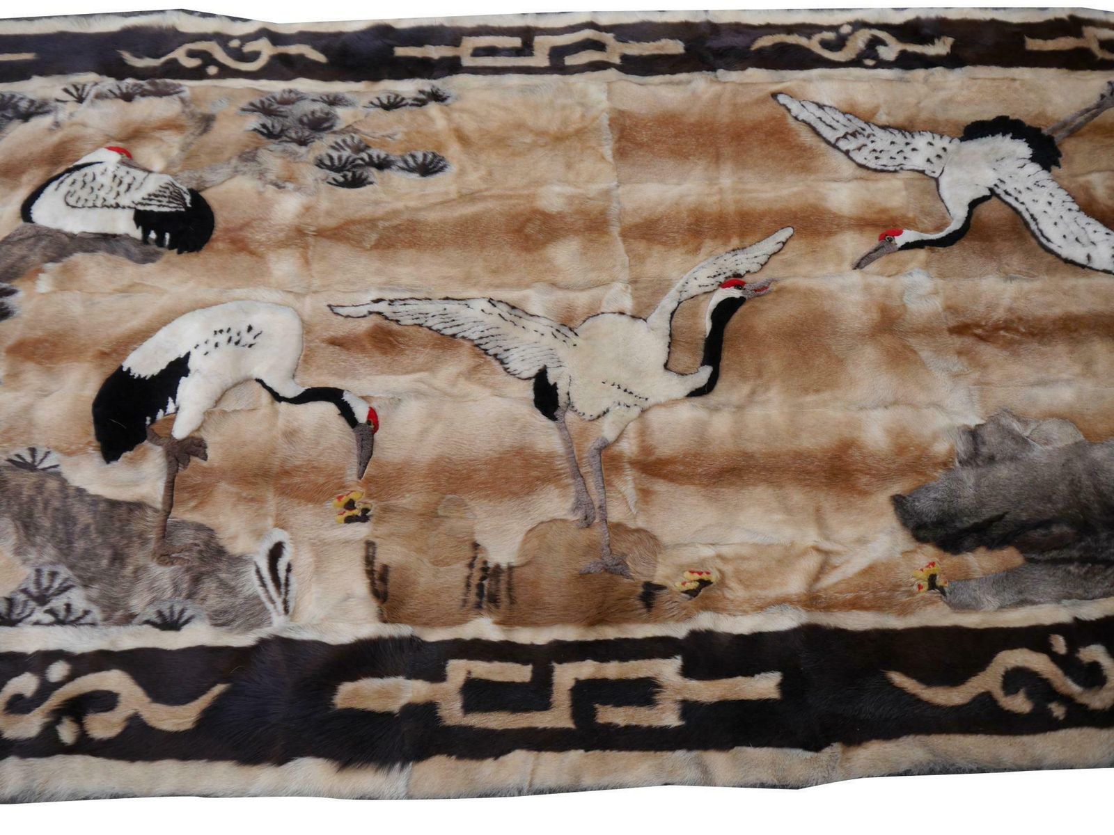 Vintage Chinese Fur Lether Rug With Landscape And Crane Wall Decoration photo for sale