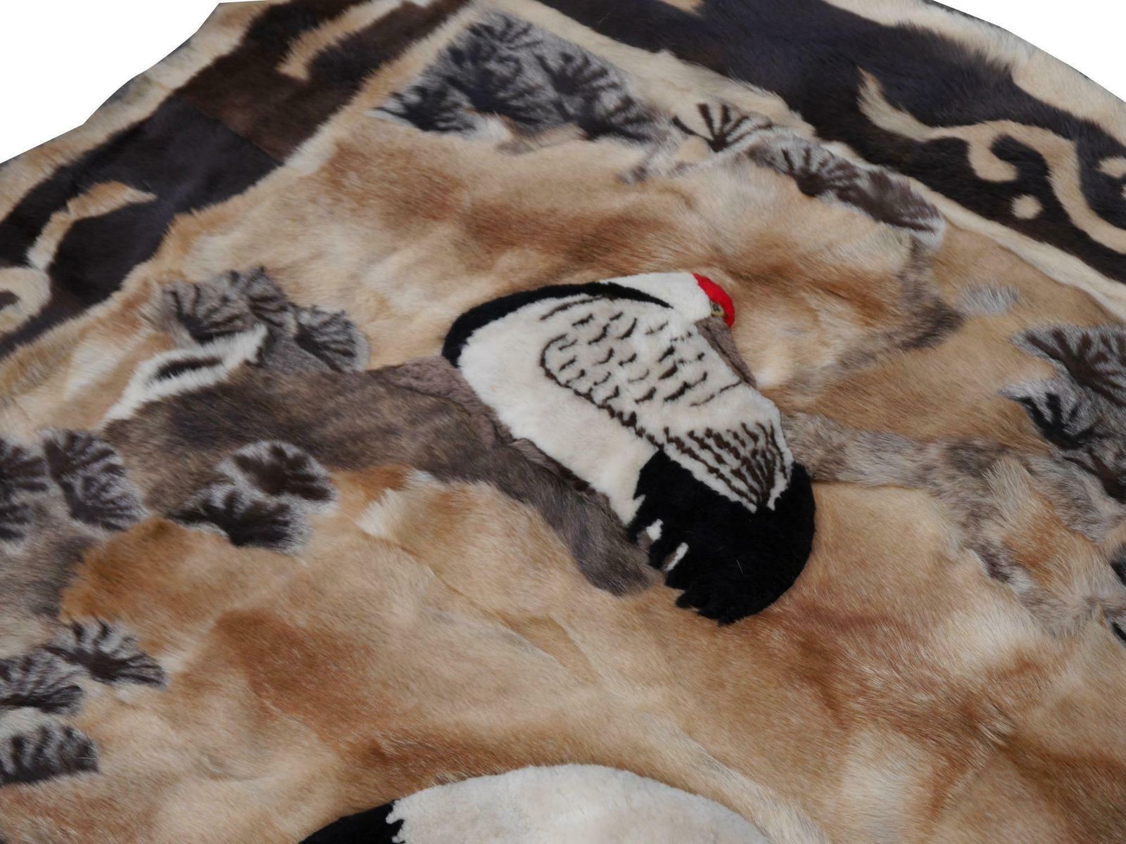 Vintage Chinese Fur Lether Rug With Landscape And Crane Wall Decoration photo 4031.0