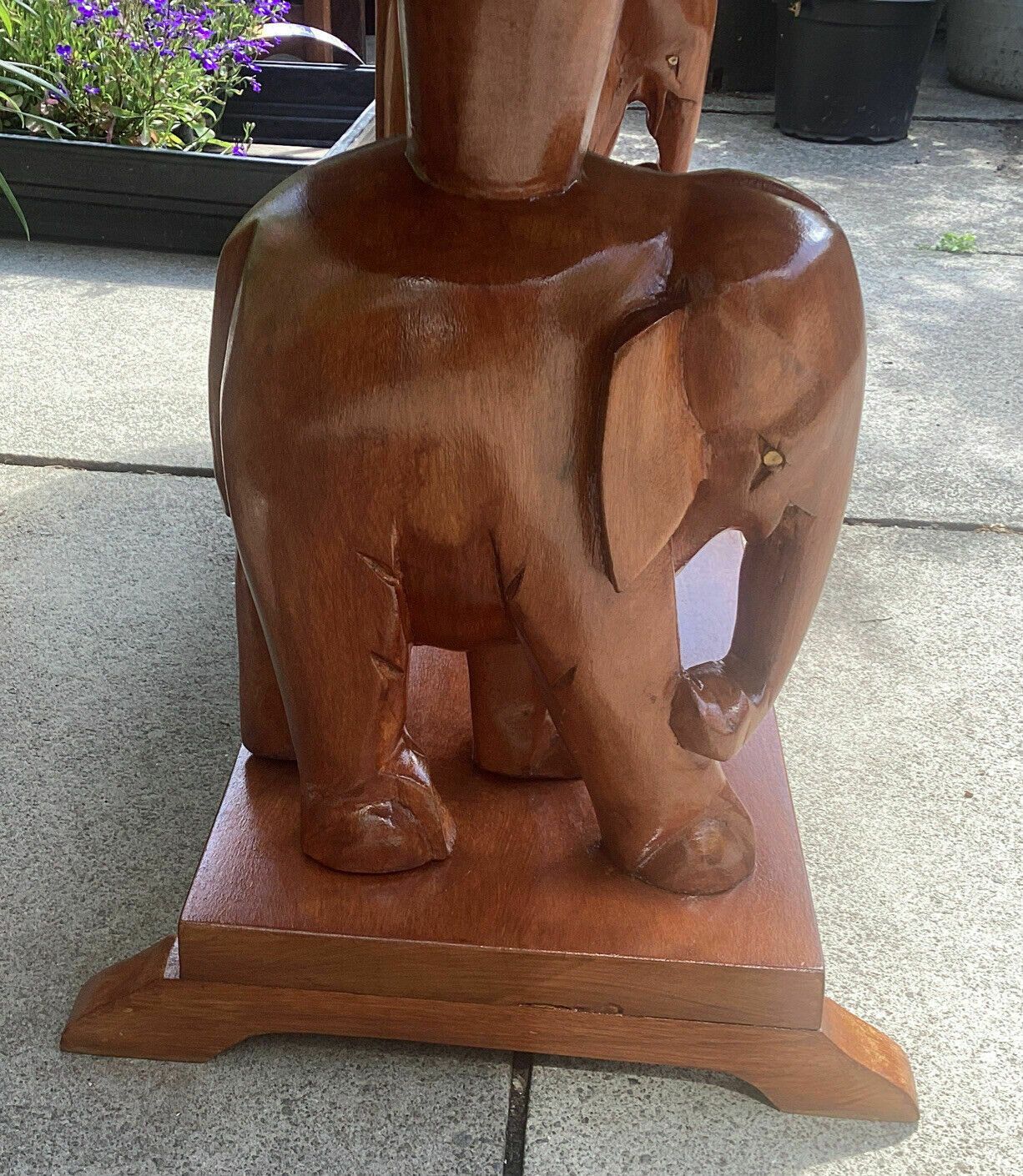 450.0 20th C. African Mahogany? Slab Table On Carved Elephant Supports Over Shelf. photo