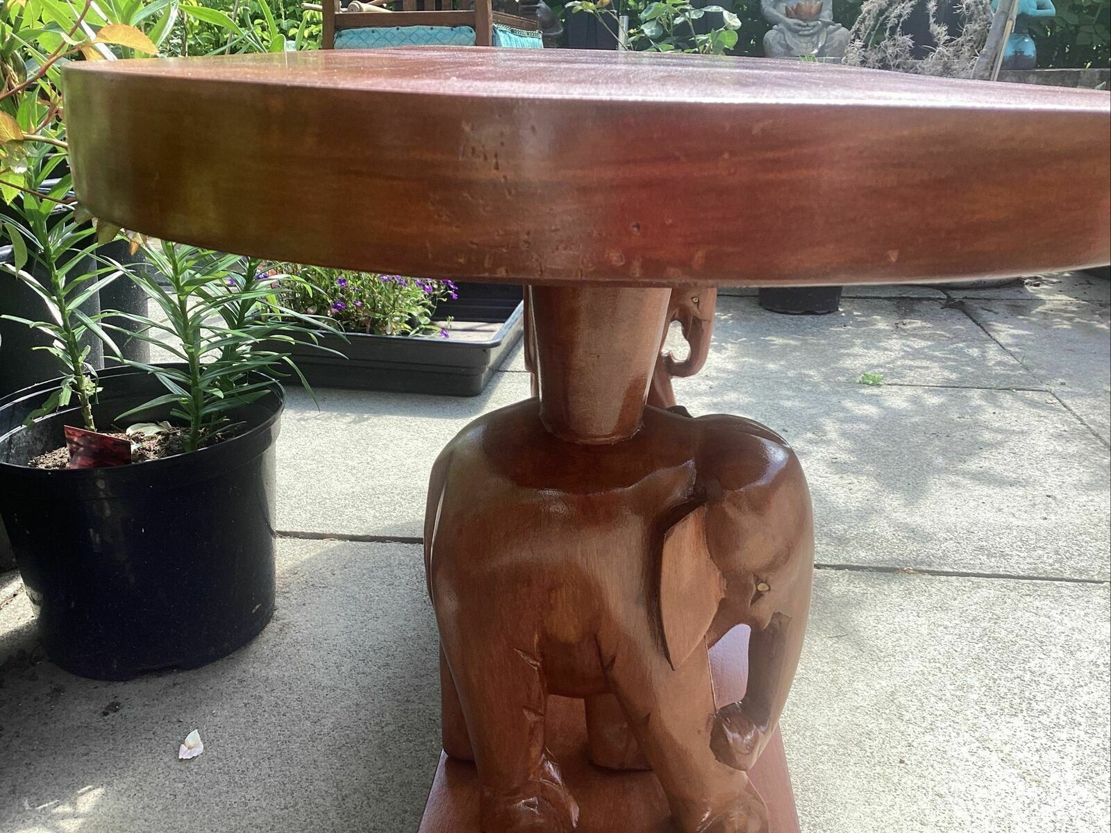 photo vinterior 20th C. African Mahogany? Slab Table On Carved Elephant Supports Over Shelf.