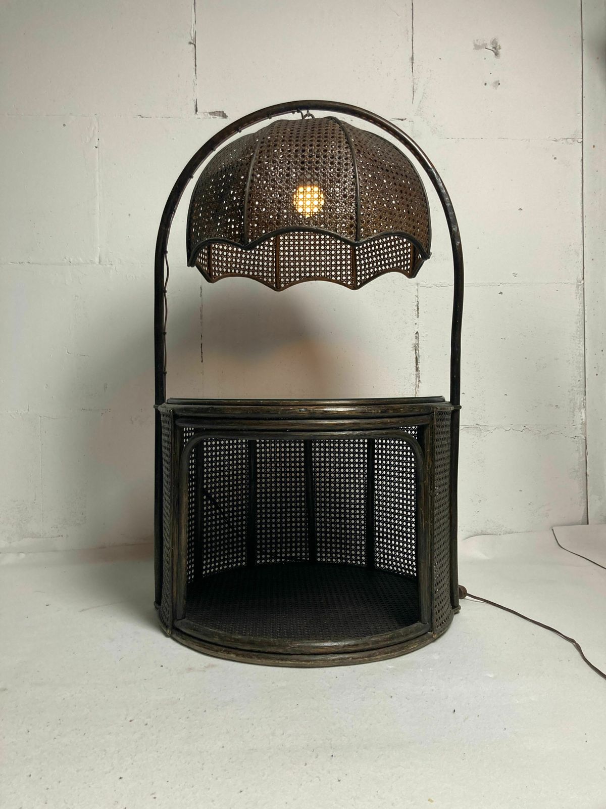 Faux Bamboo Rattan Webbing Side Table With Integrated Hanging Lamp, Dutch 1960s 1970s photo vintage