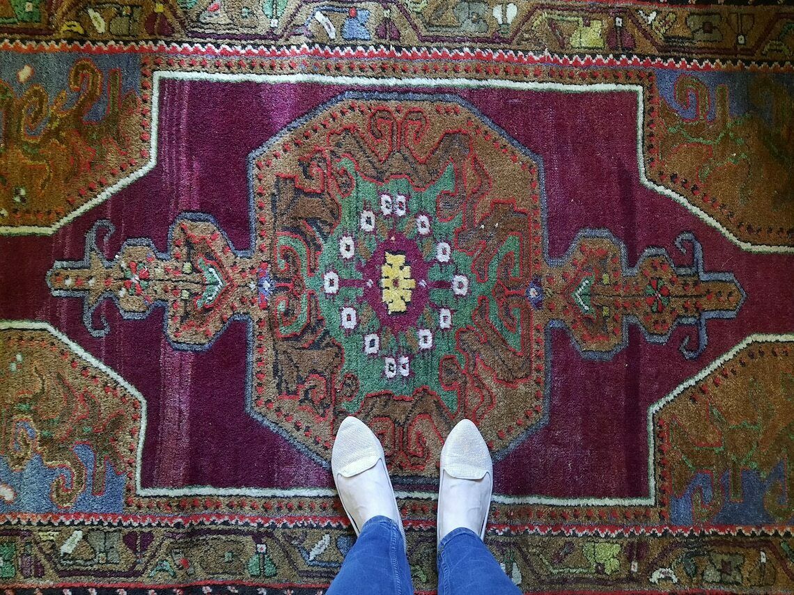 Antique Turkish Oushak Rug With Large Mredallion Design, Soft Wool Burgundy Green Anatolian Carpet, Handknotted Carpet photo vintage