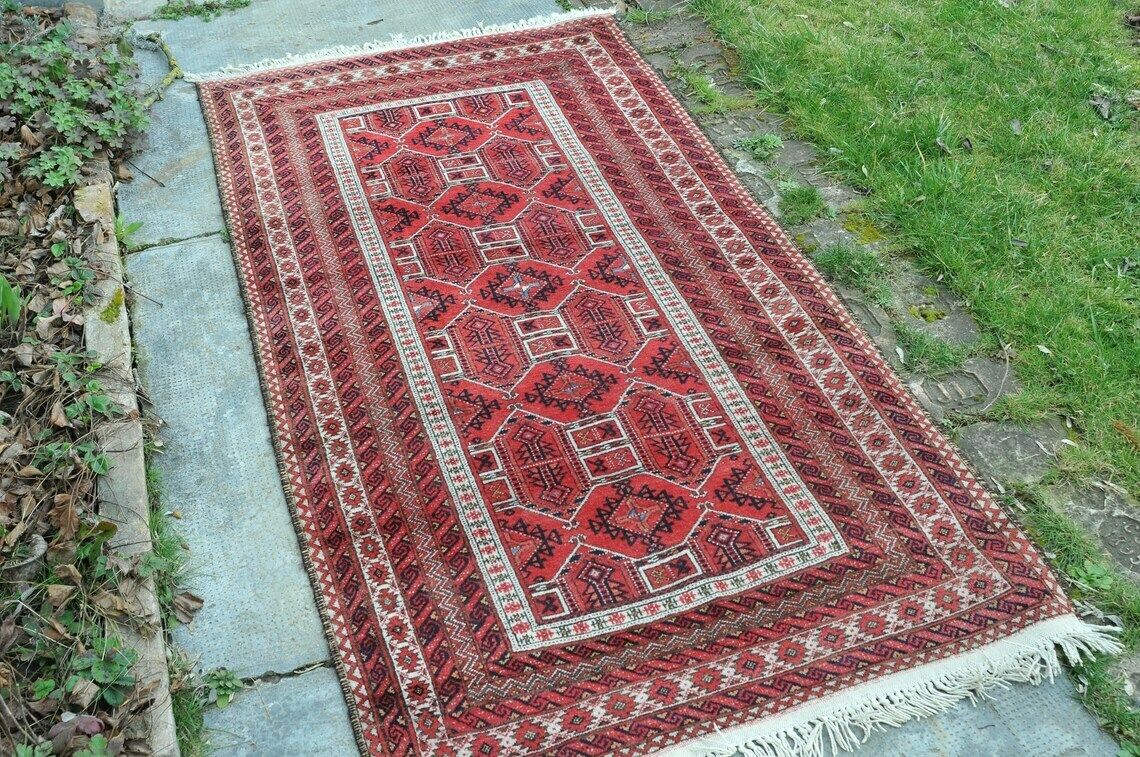 Vintage Afghan Baluch Runner Rug Red Nomadic Tribal Carpet / 014 photo Textiles