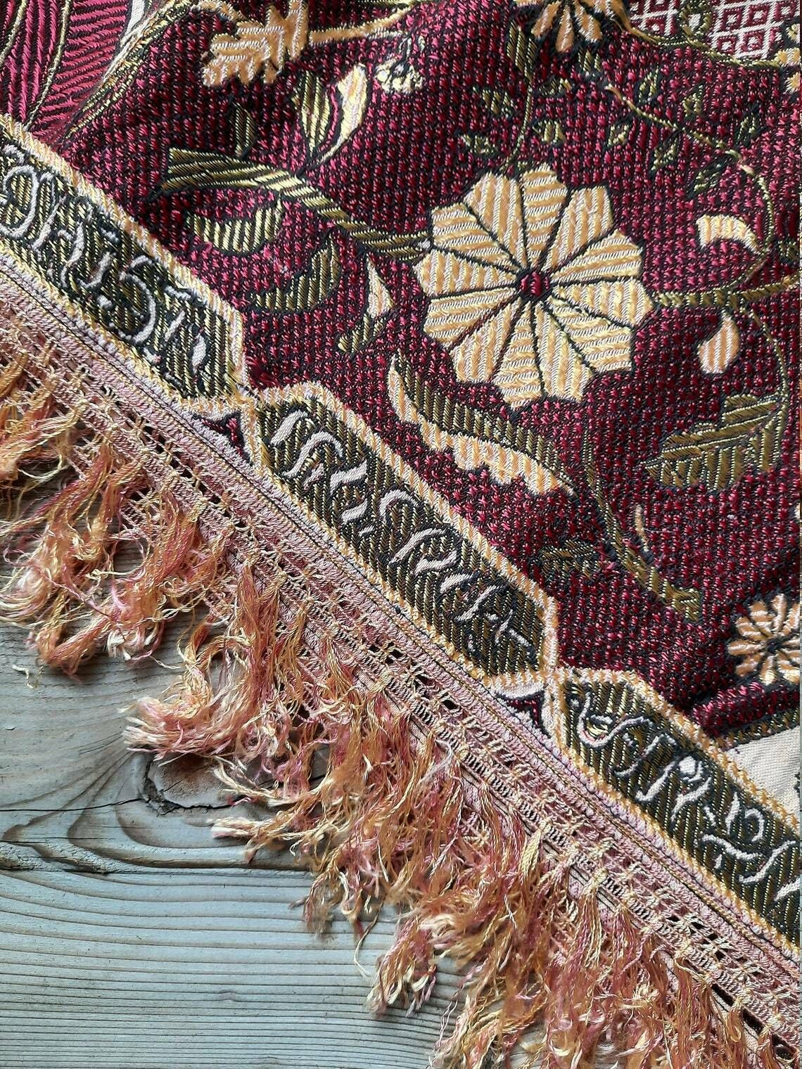 Vintage Brocade Tablecloth With Tassel /Gipsy Style Satin Throw Blanket Bed Cover | Bohemian Wall Hanging Decor photo 59.0