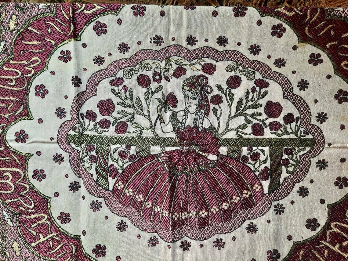 Vintage Brocade Tablecloth With Tassel /Gipsy Style Satin Throw Blanket Bed Cover | Bohemian Wall Hanging Decor photo vintage