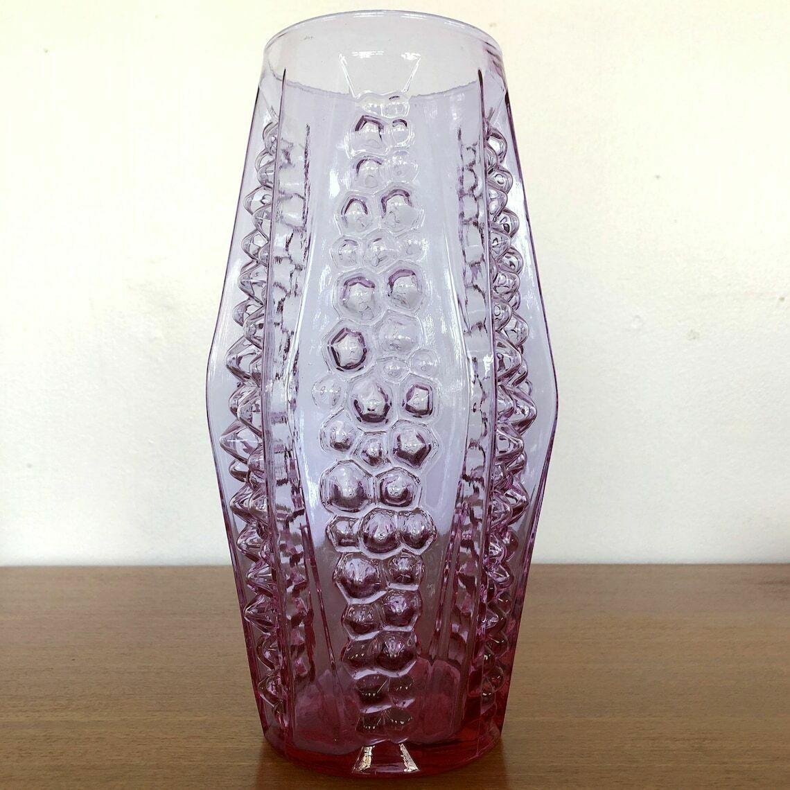 Large Mid Century Italian Neodymium Pink/Blue Glass Vase With Optic Panels Empoli 60's