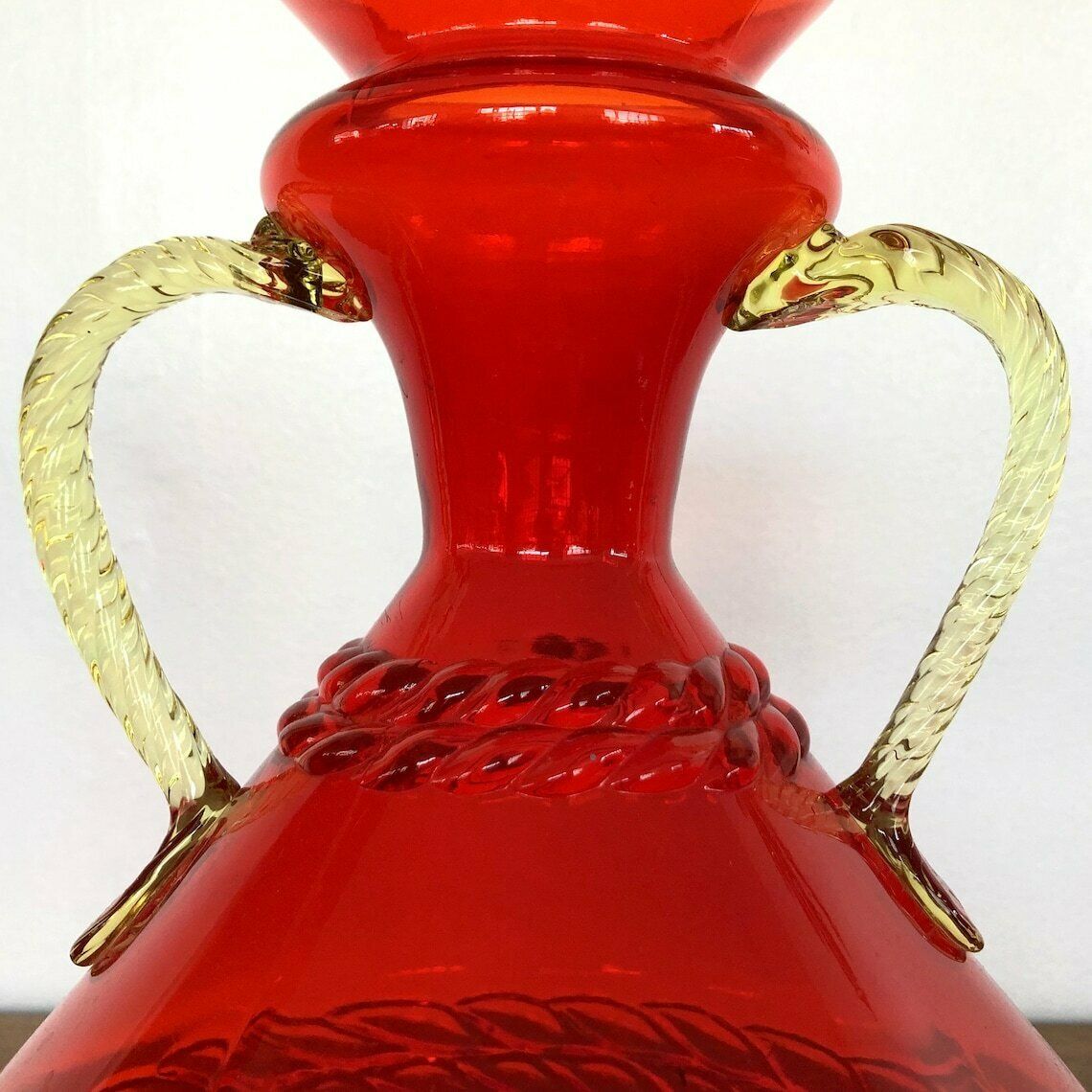 Mid Century Italian Red Glass Vase Basketweave Texture Amber Handles Empoli 60's photo for sale