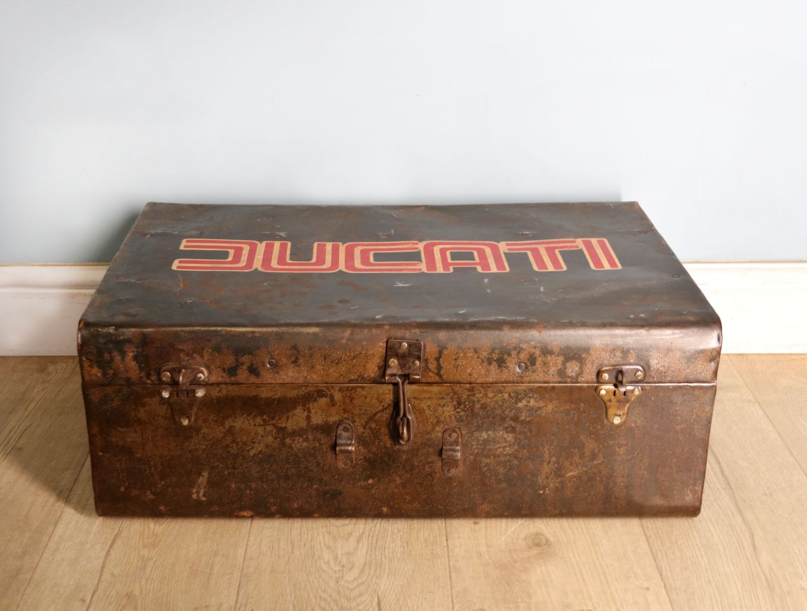 A Vintage Metal Trunk  Later Sign Written For Ducati. photo for sale