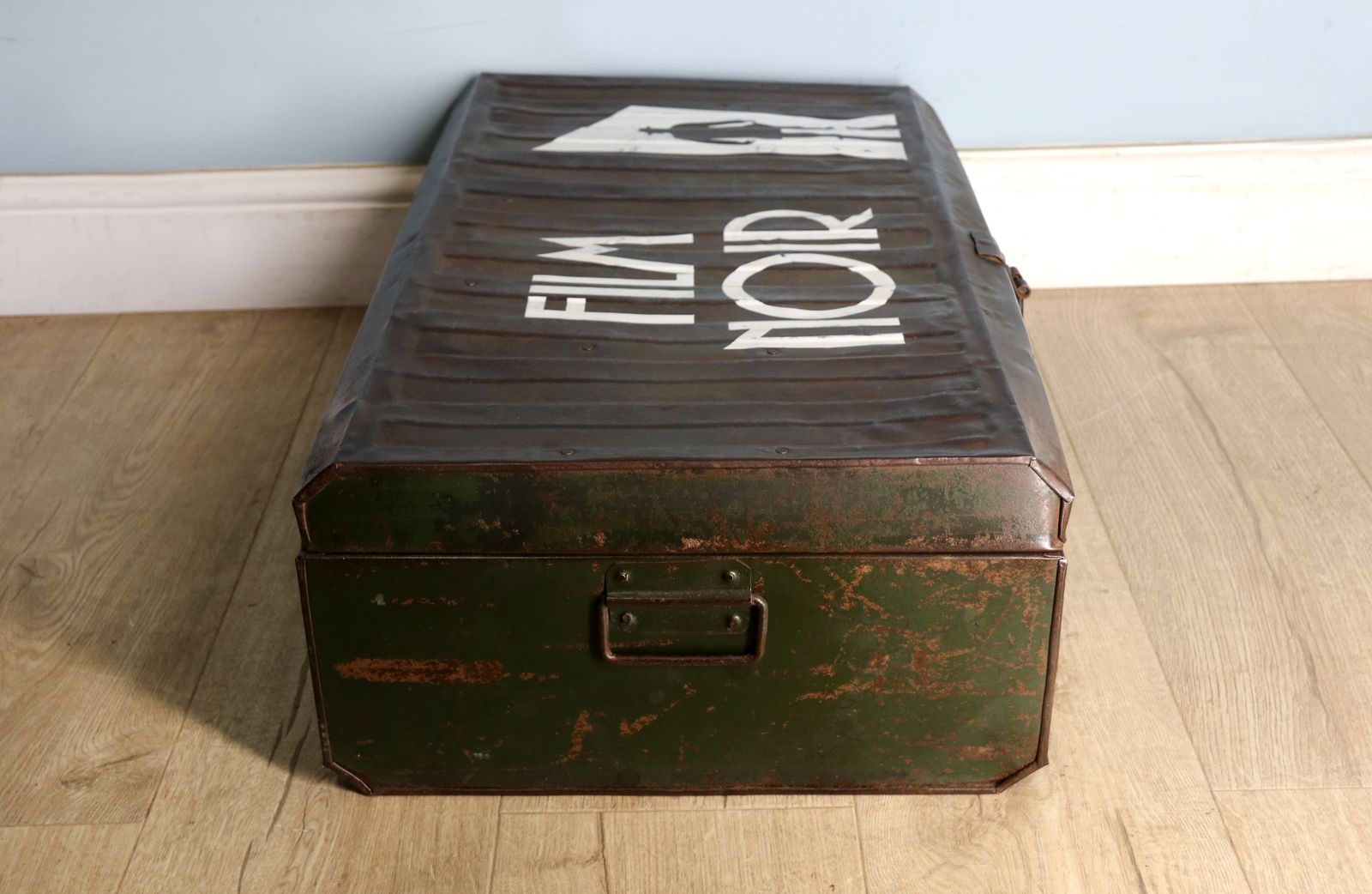 A Vintage Metal Trunk Later Sign Written For Film Noir photo Furniture