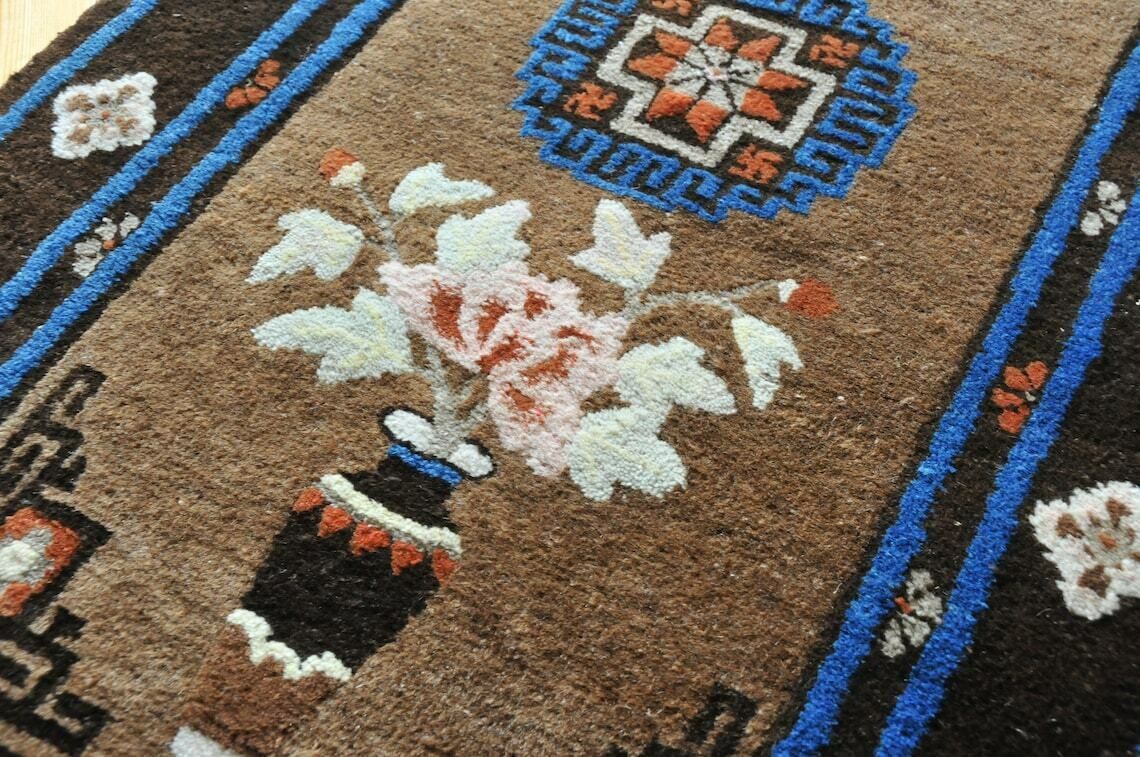 Vintage Chinese Art Deco Rug In Blue And Brown / Small Antique Peking Bathroom And Bedroom Rug Mat Cas139 photo Textiles