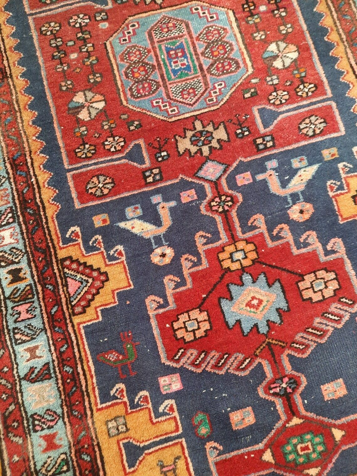 Hand Knotted Tribal Wool Rug With Birds And Geometric Pattern photo for sale