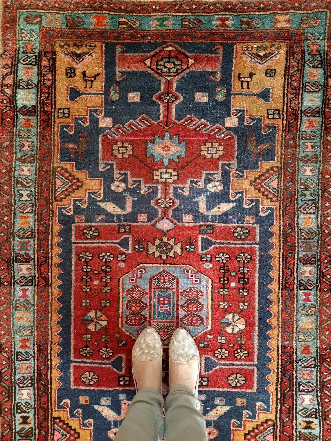 Hand Knotted Tribal Wool Rug With Birds And Geometric Pattern photo Textiles