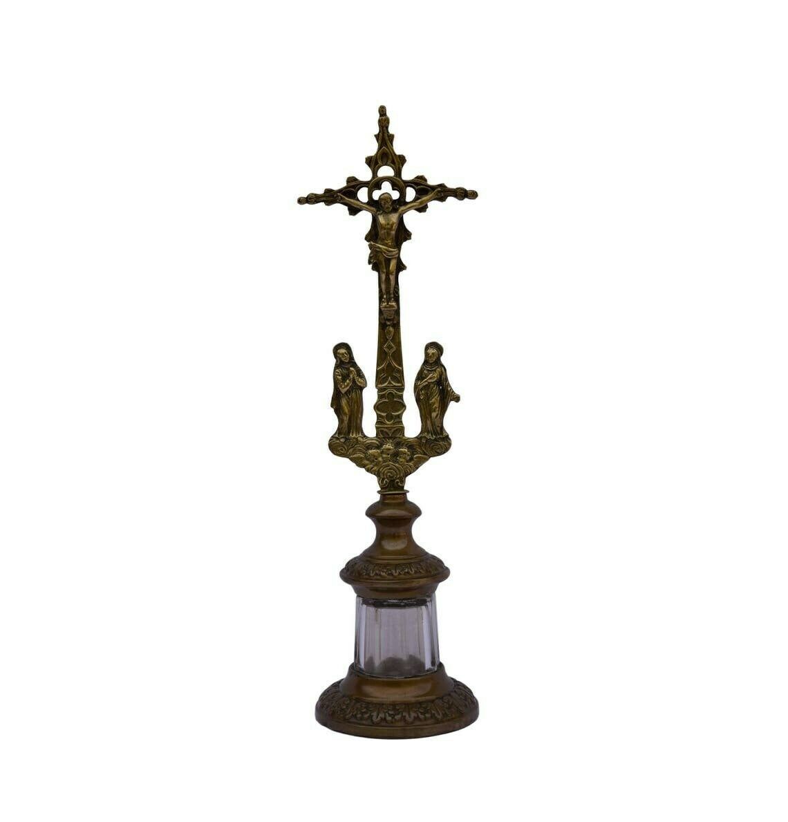 Standing Crucifix Calvary Brass And Glass Altar Cross Church