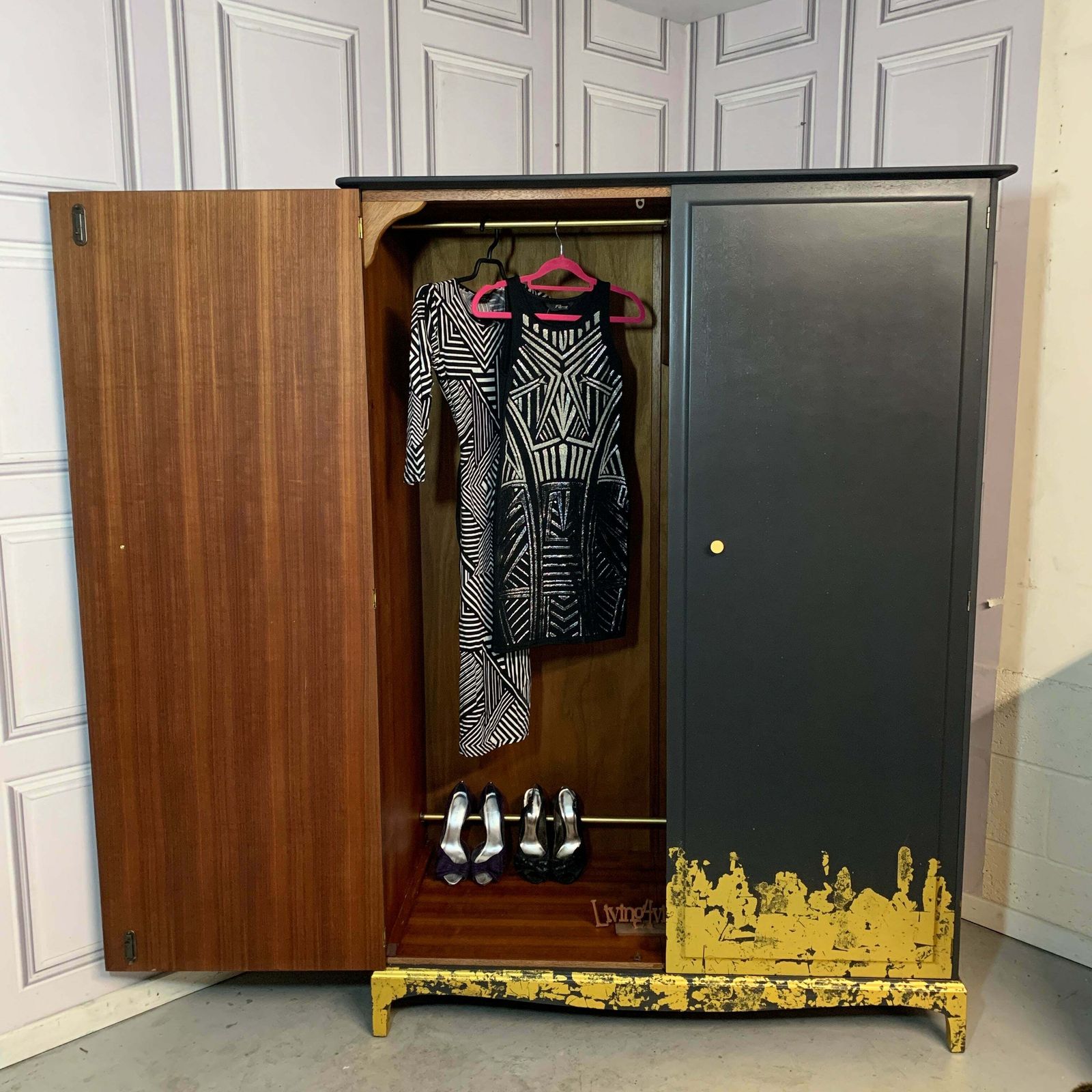 photo for sale Stag Wardrobe Painted Black & Gold Leaf Flame Details Double Wardrobe