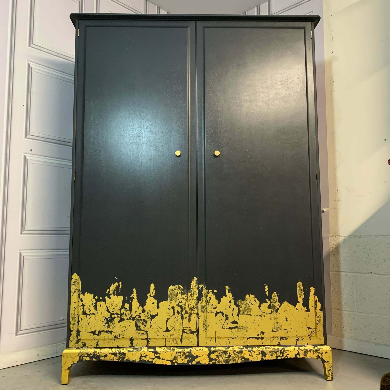 Furniture Stag Wardrobe Painted Black & Gold Leaf Flame Details Double Wardrobe photo