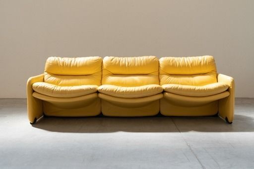 photo furniture 3 Seater Sofa And Two Armchairs In Vintage 1970 Yellow Leather, In The Style Of Ammainnati And Vitelli For Brunati