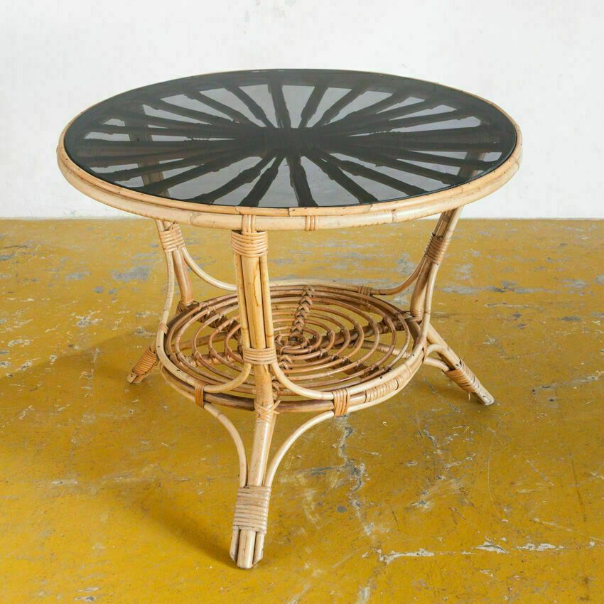 Vintage Side Table In Rattan And Smoked Glass, France 1970 photo for sale