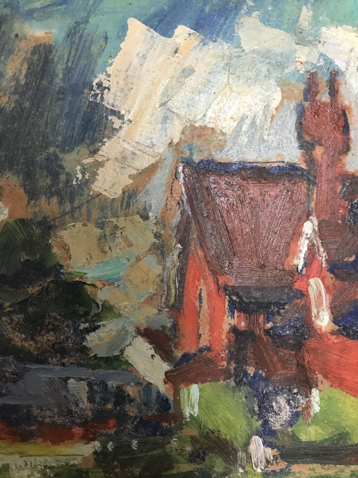 Naive Original Oil On Board Painting Of Arts And Crafts Red Brick Buildings photo vintage