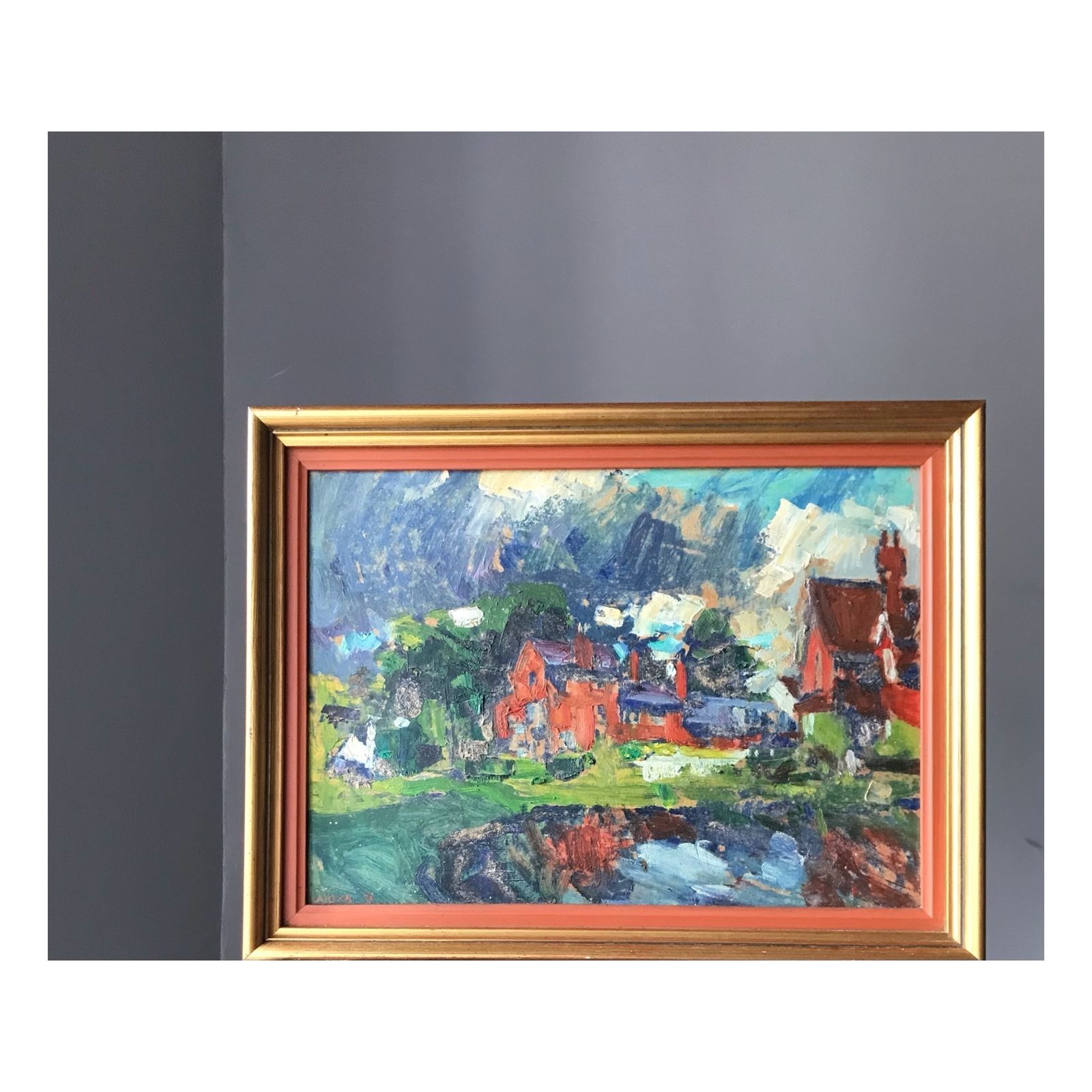 photo for sale Naive Original Oil On Board Painting Of Arts And Crafts Red Brick Buildings