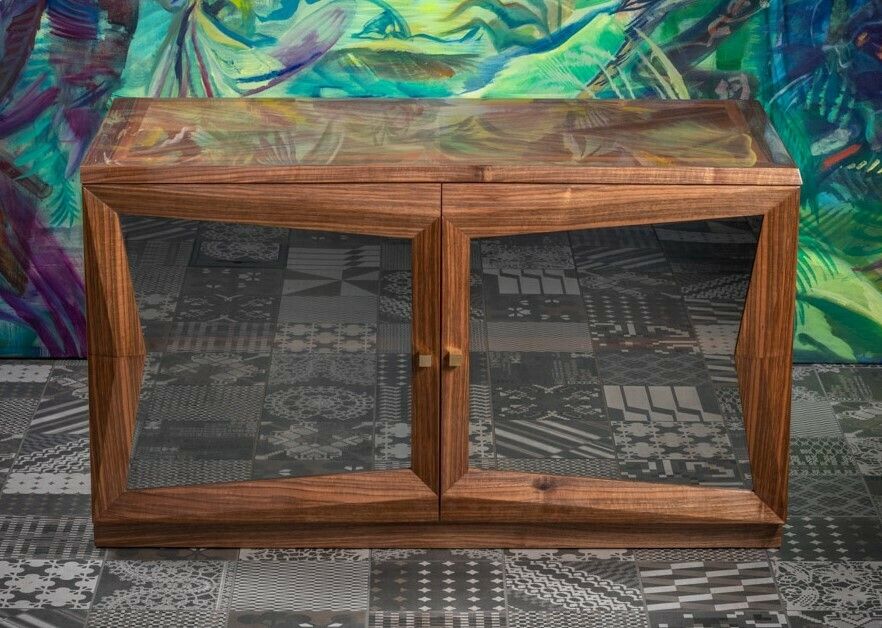 Wood And Glass Cubist Walnut Cabinet With Glass Door photo Furniture