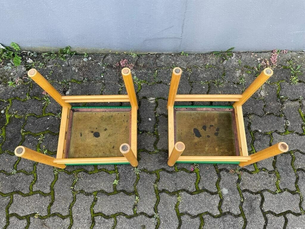 photo for sale Ibisco Green Leather And Birch Wood Pair Of Stools, 1970s, Italy