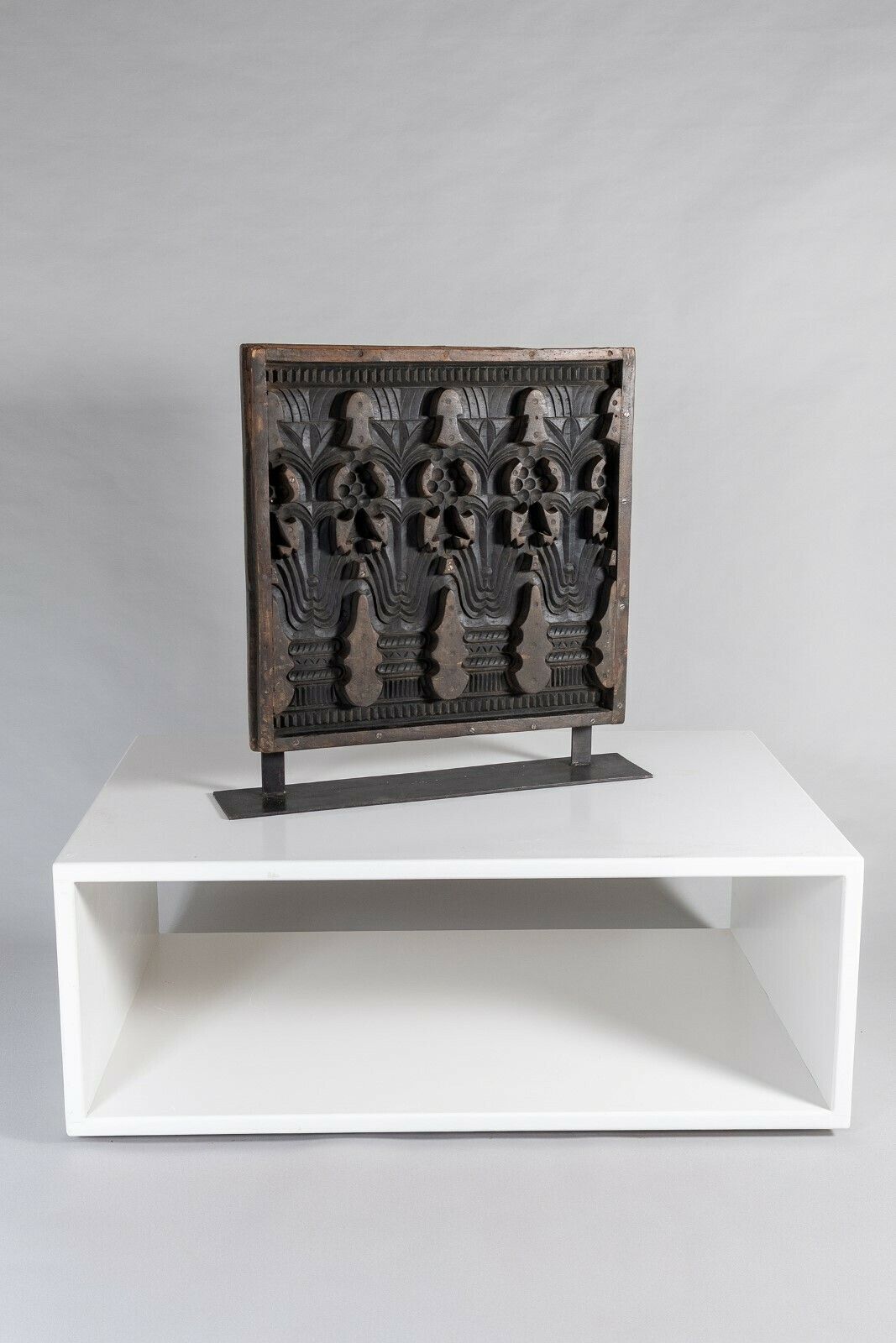 Large Scale Mid Century Carved Sculptural Wooden Shelf Art On Heavy Steel Base photo furniture