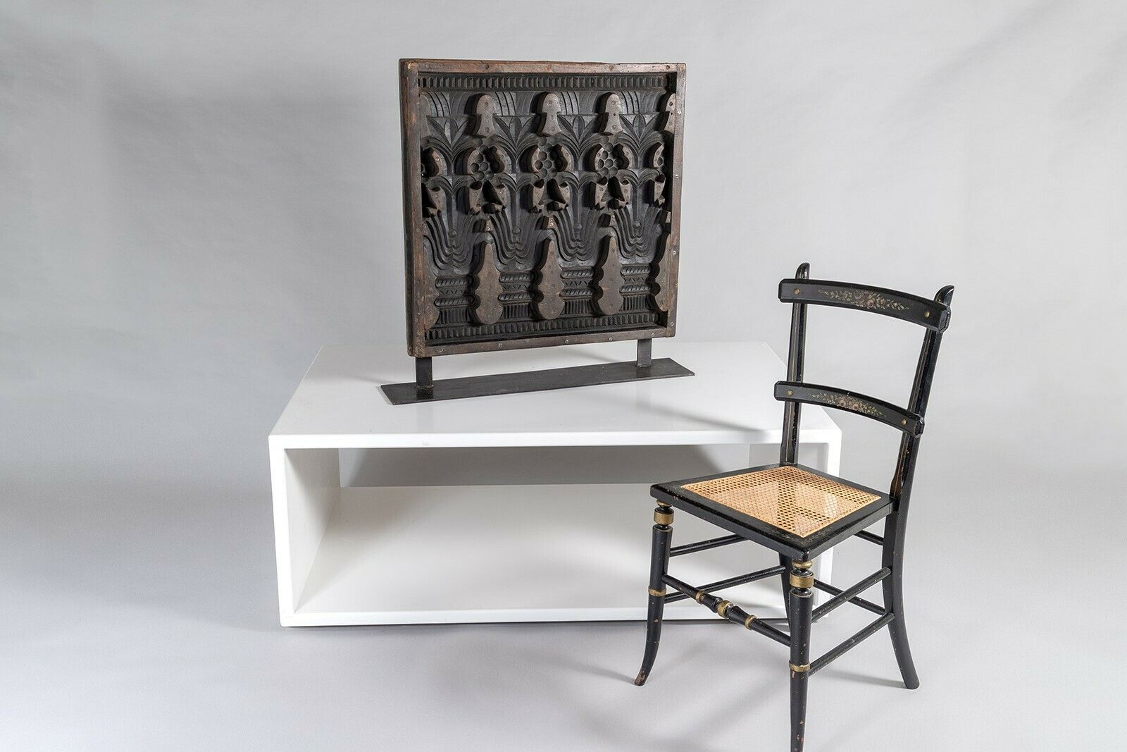 Large Scale Mid Century Carved Sculptural Wooden Shelf Art On Heavy Steel Base photo for sale