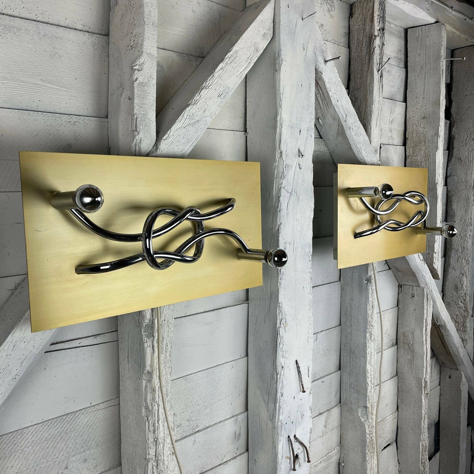 A Pair Of 1970s Mid Century Modern Italian 'Reef Knot' Wall Light Panels / Sconces Designed By Giacomo Benevelli For Missaglia
