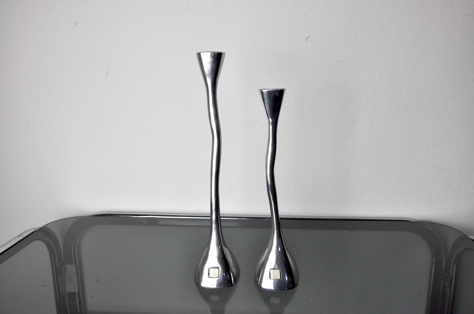 Pair Of Zigzag Candle Holders, Solid Aluminum And Polished Stone, Art3, Spain, 1970 photo furniture