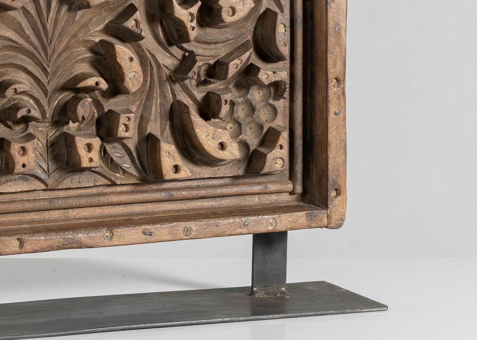 Mid Century Large Scale Carved Sculptural Wooden Shelf Art On Steel Base photo vinterior