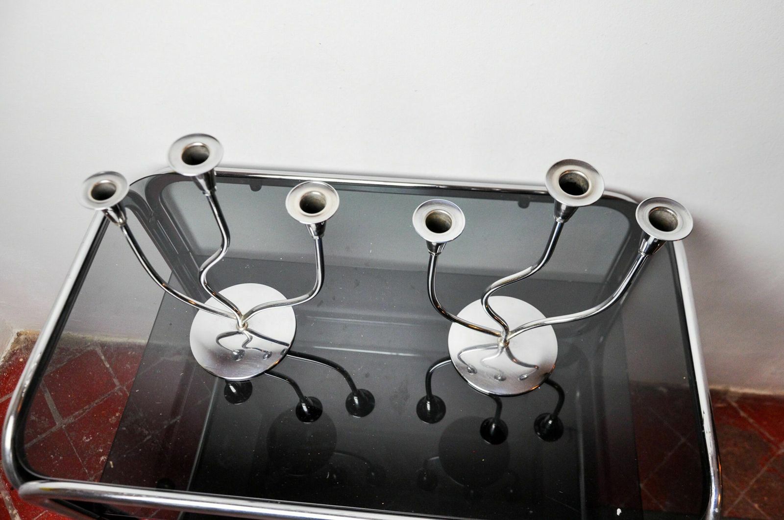 Pair Of Art Deco Candlesticks In Stainless Steel 3 Flames, Spain, 1970 photo buy
