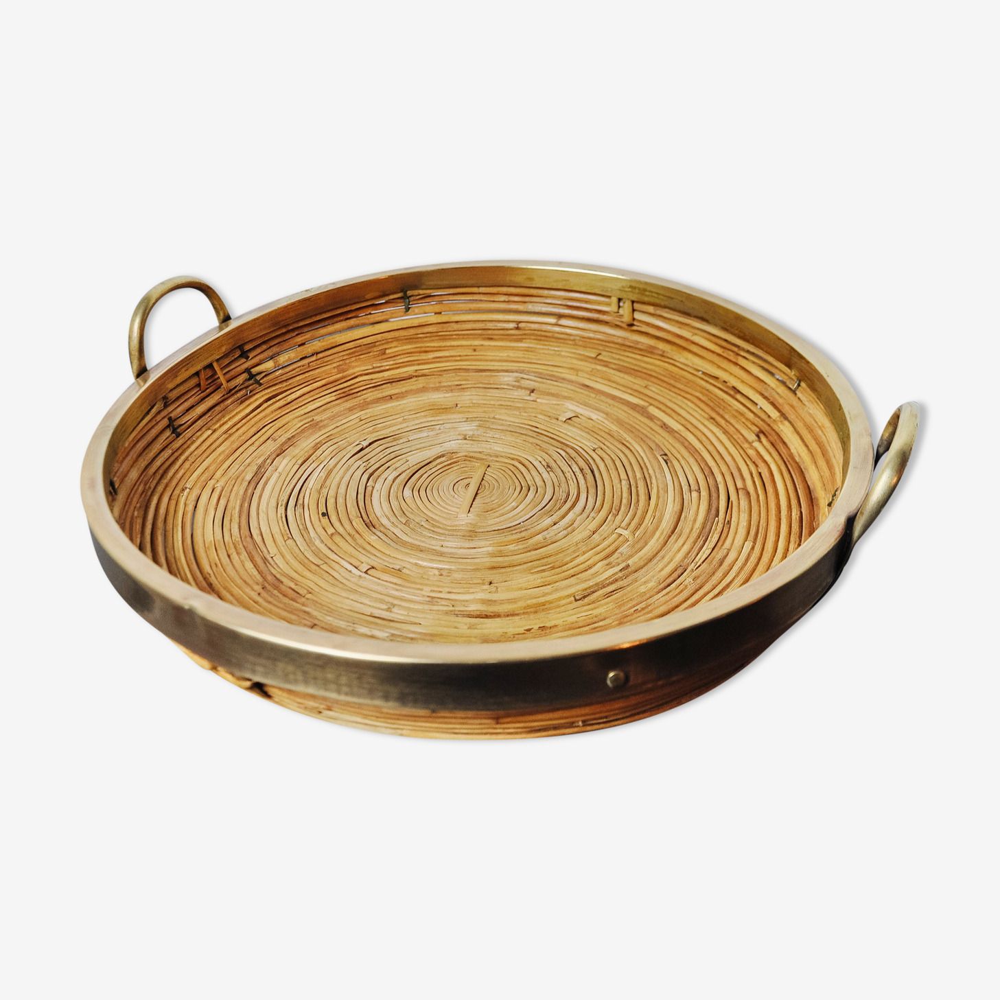 Rattan And Brass Basket, Italy, 1970s