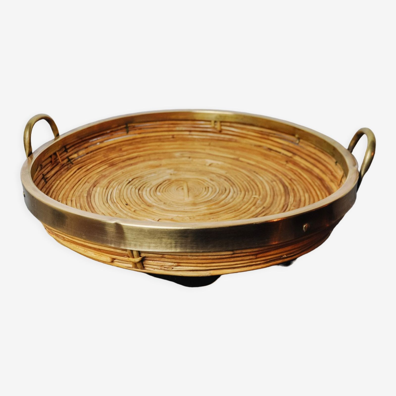 Rattan And Brass Basket, Italy, 1970s photo vintage