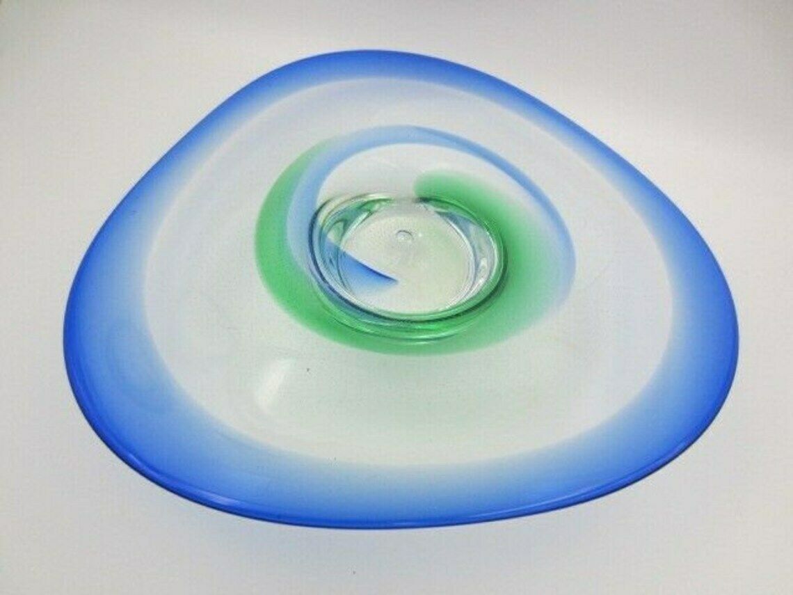 Large Green Blue Organic Sommerso And Fine Bubbles Art Glass Centrepiece Bowl
