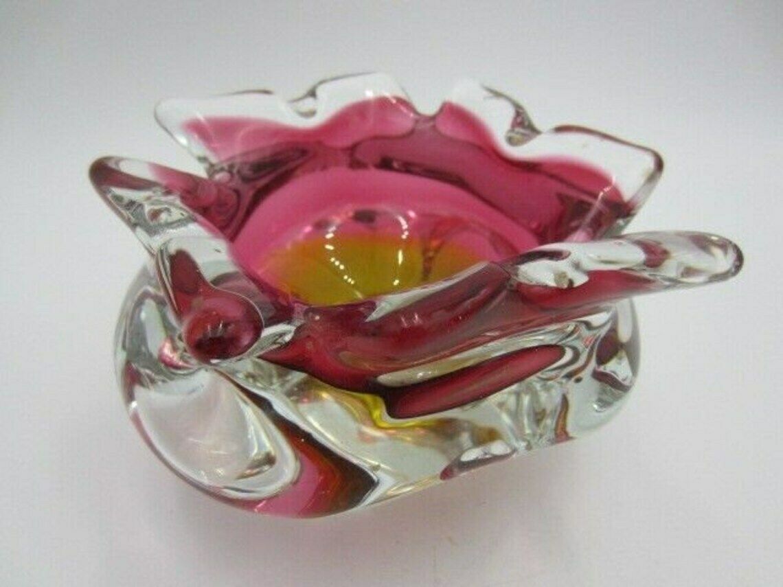 Hand Made Czech Pink And Golden Amber Murano Sommerso Style Art Glass Bowl photo 59.0