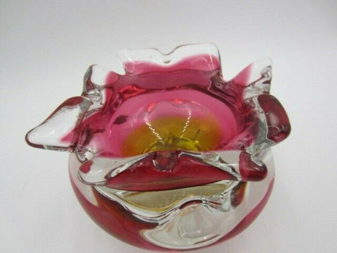 Hand Made Czech Pink And Golden Amber Murano Sommerso Style Art Glass Bowl photo buy