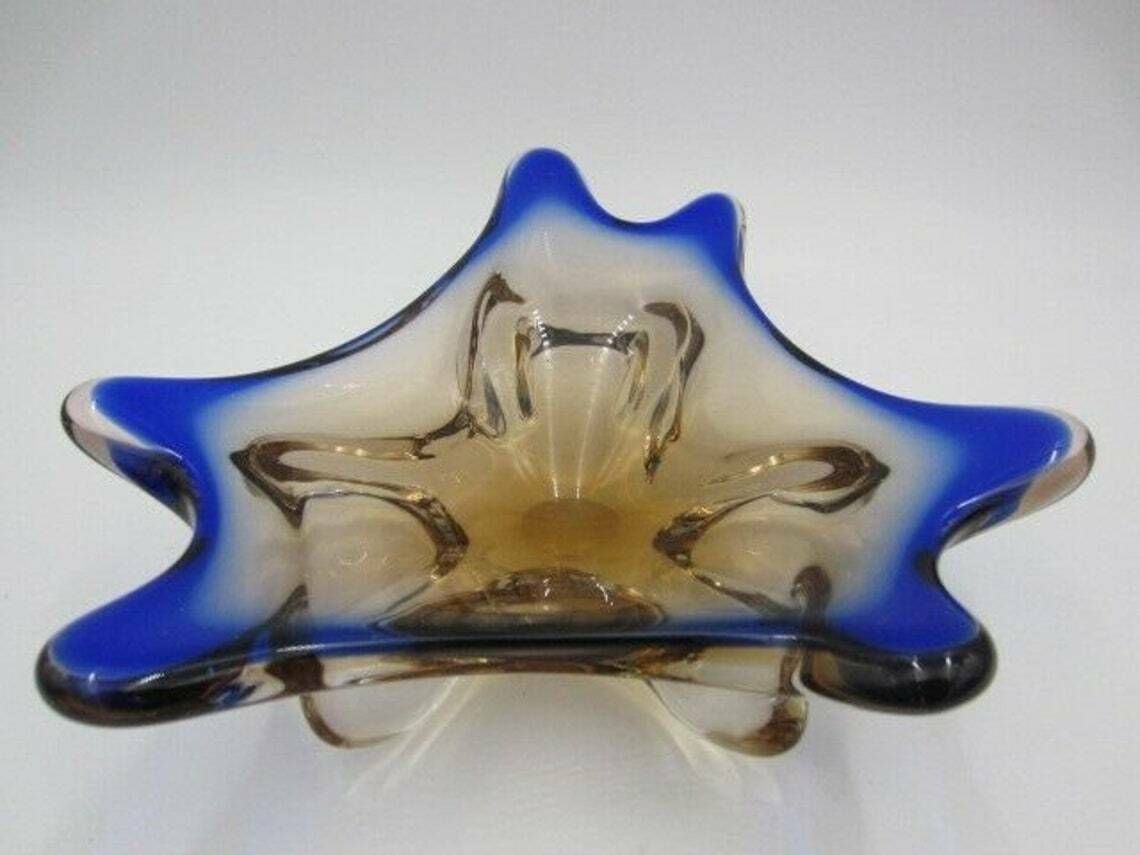 Blue And Pink Mid Century Art Glass Water Droplet Bowl Czech Sommerso photo furniture