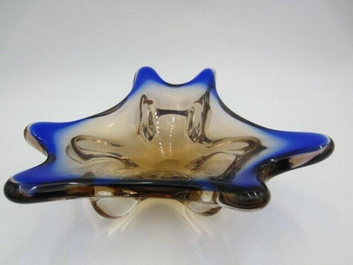 Blue And Pink Mid Century Art Glass Water Droplet Bowl Czech Sommerso photo for sale