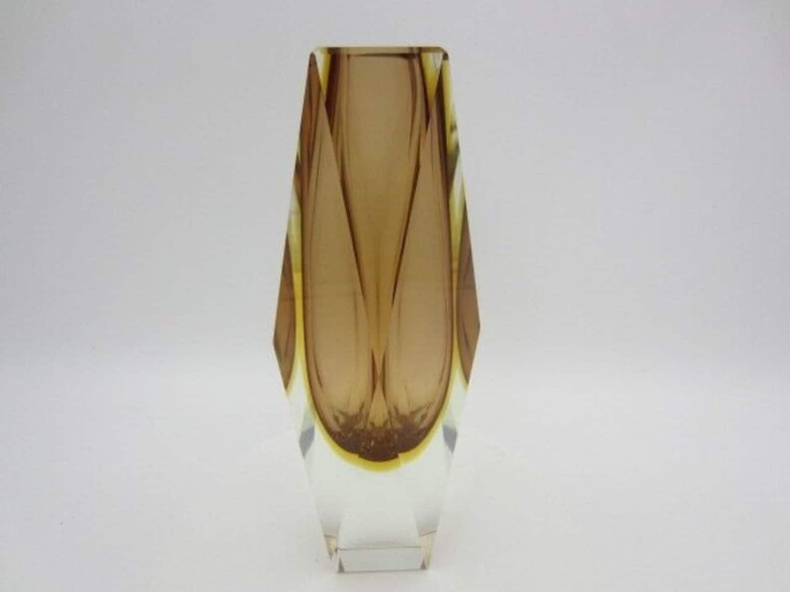 Space Age Brown And Golden Amber Sommerso Art Glass Faceted Vase Made In Italy