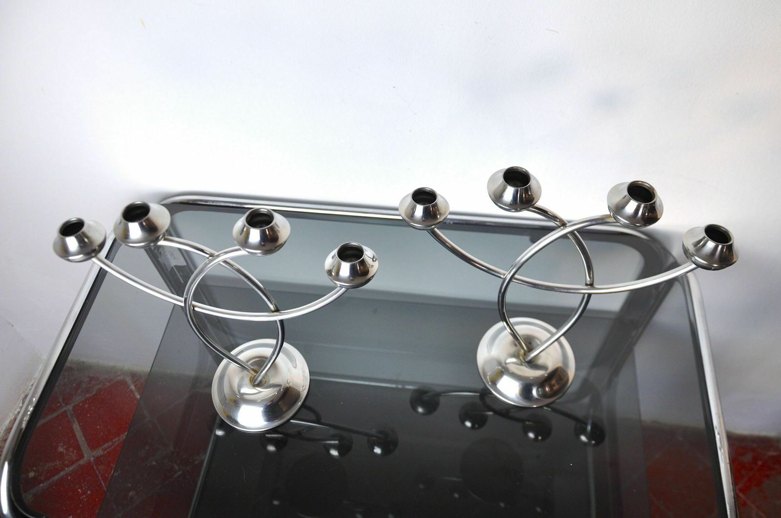 Pair Of Art Deco Candle Holder In Stainless Steel 4 Flammes, Spain, 1970 photo vinterior