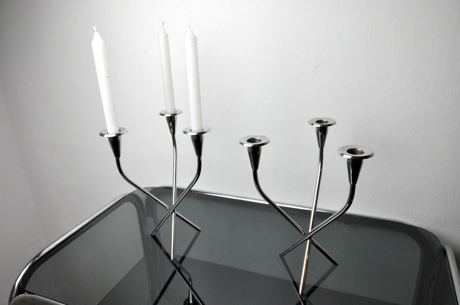 Pair Of Scandinavian 3 Arm Candlesticks In Alpaca, Sweden, 1970 photo furniture