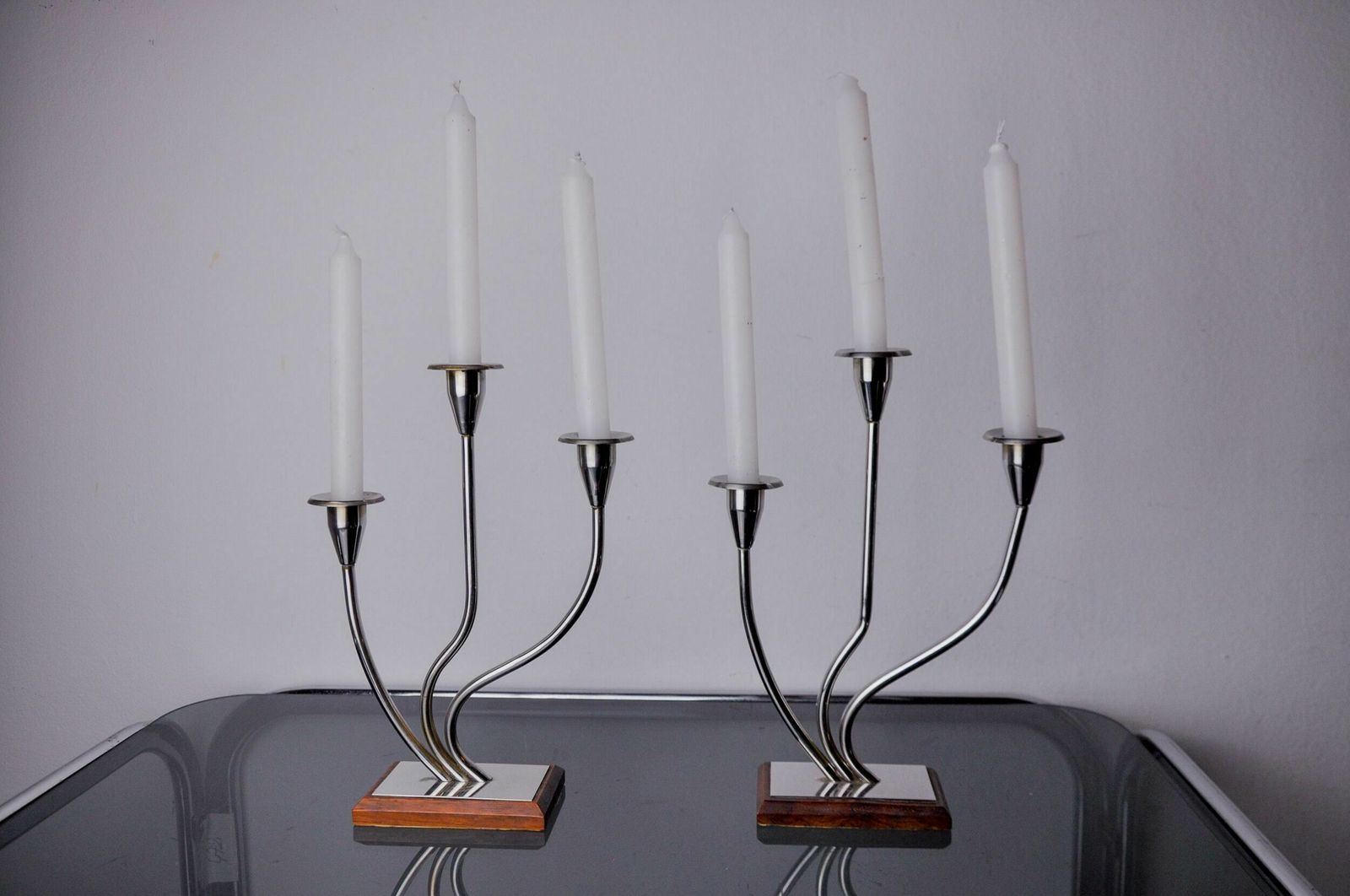 Pair Of Art Deco Candlesticks In Stainless Steel And Rosewood 3 Flames, Spain, 1970 photo for sale