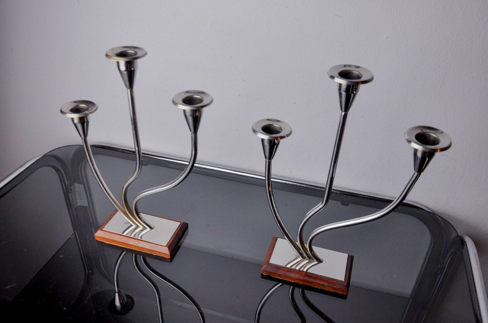 Pair Of Art Deco Candlesticks In Stainless Steel And Rosewood 3 Flames, Spain, 1970 photo 1007.0
