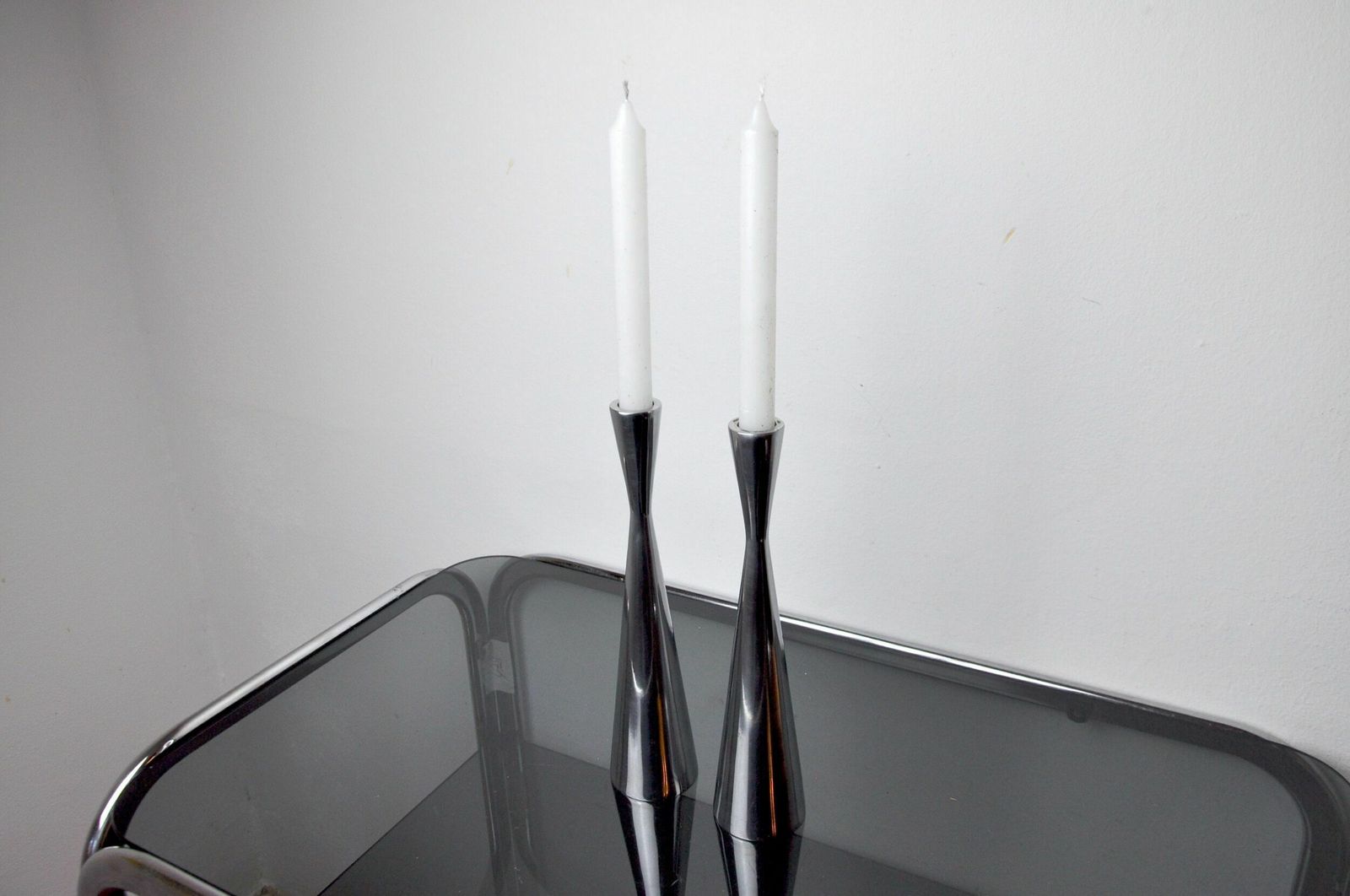 Pair Of Scandinavian Diabolo Candlesticks, Aluminium, Suede, 1970 photo for sale